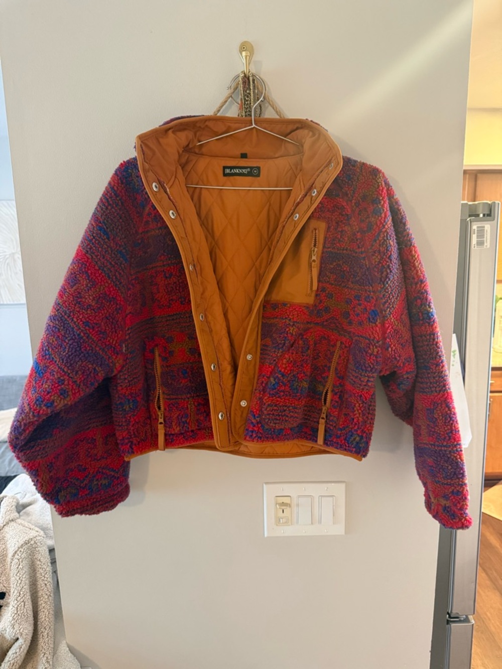 Blank NYC Red Multi Sherpa Jacket with Tan Quilted Lining
